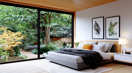 Fototapeta premium Modern bedroom with large window overlooking lush garden.
