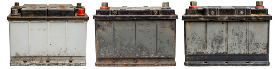 Three used car batteries isolated with transparent background