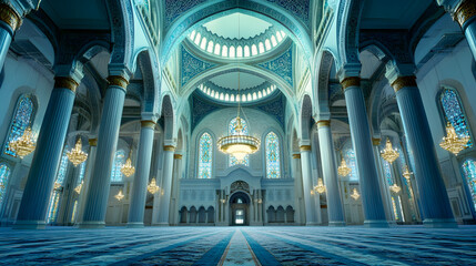 Interior of grand Islamic mosque with opulent chandelier and intricate patterns : Generative AI