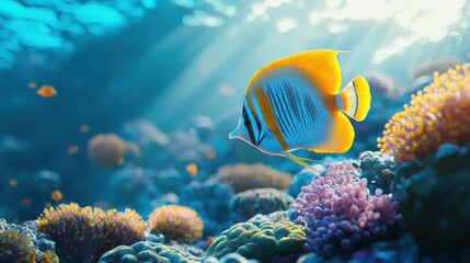 Fototapeta premium Bright orange butterflyfish swimming over vibrant coral reef in sunlit ocean.
