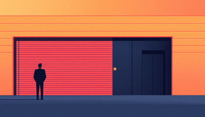 Supply chain management logistics technology. Silhouette of a person in front of a colorful industrial garage door.