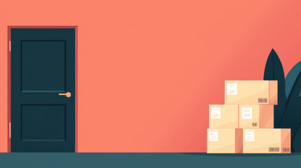 Supply chain management logistics technology. A modern doorway with stacked boxes against a coral wall background.