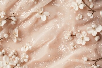 Fototapeta premium Elegant Peach Fabric with Delicate White Flowers: A Luxurious Spring Floral Arrangement