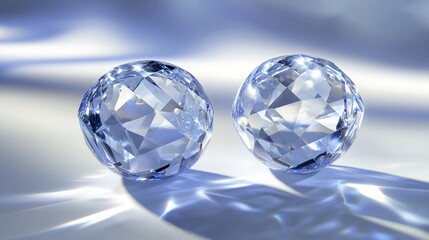 Fototapeta premium Two sparkling crystal spheres on a light blue surface.