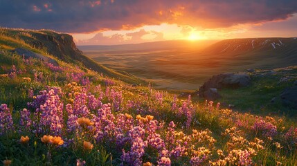 Vibrant sunset over blooming wildflowers in a mountain valley.