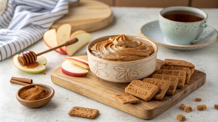 Delicious Speculoos Spread with Accompaniments on Rustic Table