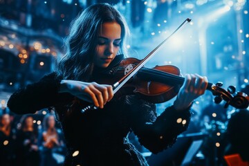 Fototapeta premium A musician playing a violin on a theater stage, illuminated by a spotlight and surrounded by a hushed audience