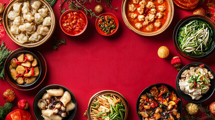 Fototapeta premium Traditional Chinese Gourmet Dishes Arranged on Red Background for a Festive New Year Celebration : Generative AI
