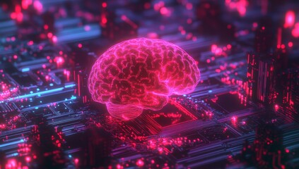 Glowing pink brain on futuristic circuit board.