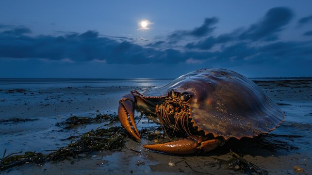 Giant crab on beach at night under moonlit sky.