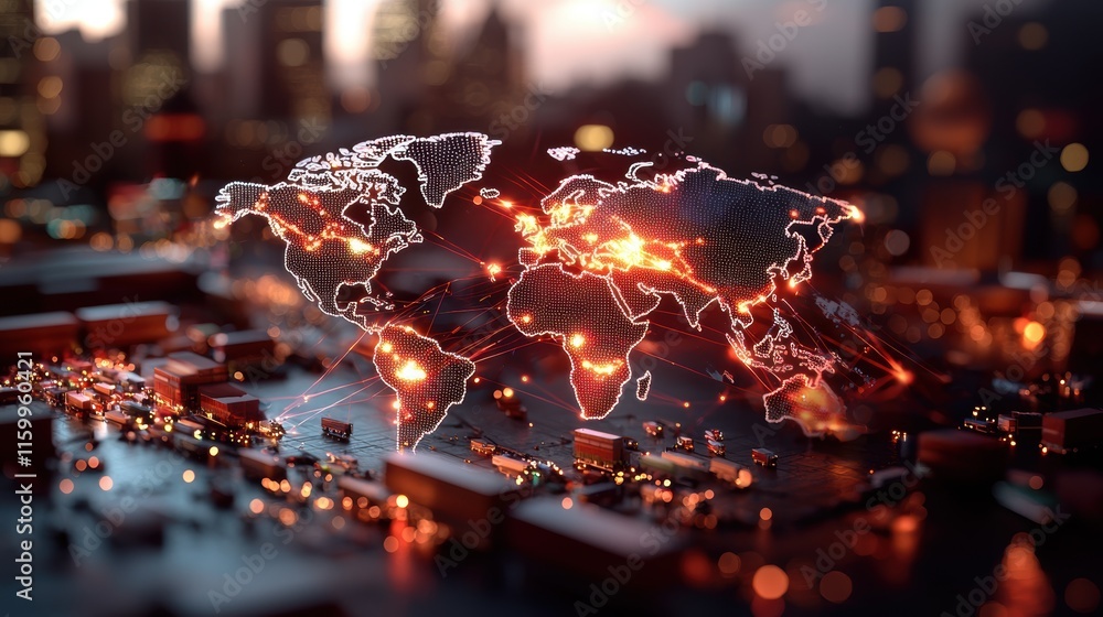 Poster a digital globe illuminated with fiery connections, showcasing a modern representation of global net