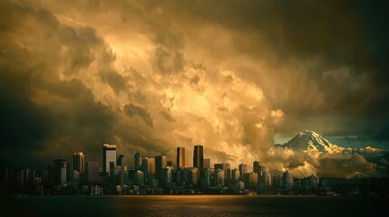 Dramatic storm clouds over city skyline and mountain.