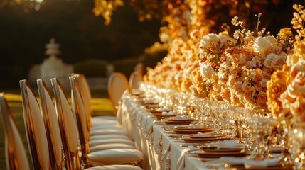 Elegant outdoor wedding reception table setting with floral centerpiece.