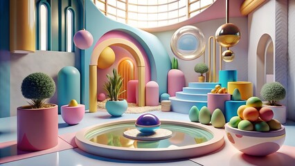 Futuristic Pastel Interior with Geometric Shapes, Modern Plant Decor, Abstract Architecture, and Reflective Design, Perfect for Art Concepts, Creative Advertising, and Interior Design Inspiration