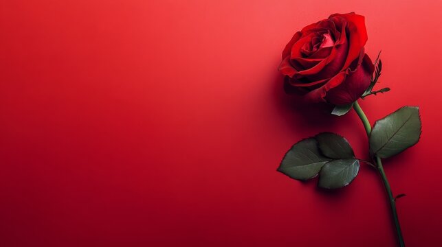 A striking red rose with velvety petals and a classic shape, on a vibrant red background, Minimalist style