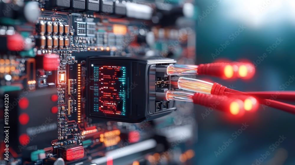 Poster a close-up of a circuit board with illuminated connections, showcasing digital technology and networ