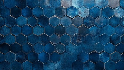 Dark blue hexagonal tile pattern background.