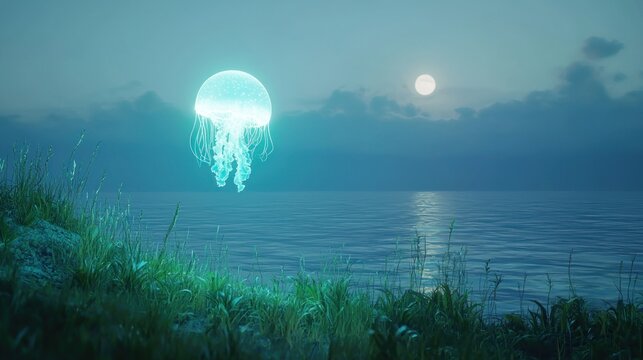 Glowing jellyfish-like orb floats over moonlit ocean. - Powered by Adobe