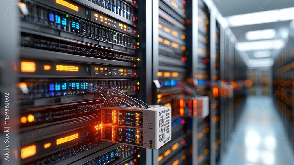Poster a modern data center featuring rows of servers with illuminated panels and connected cables, showcas