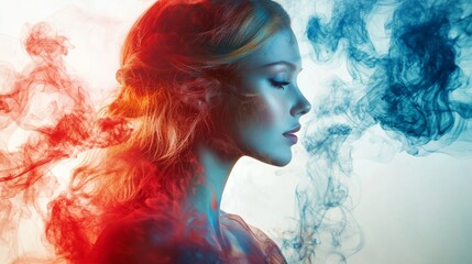 Fototapeta premium Profile of a woman with red and blue paint effects