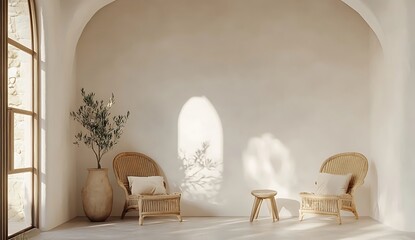 Scandinavian-inspired interior showing a clean white wall, rustic wicker armchairs, a simple vase with an olive tree, an arched window for architectural interest, and a small table 