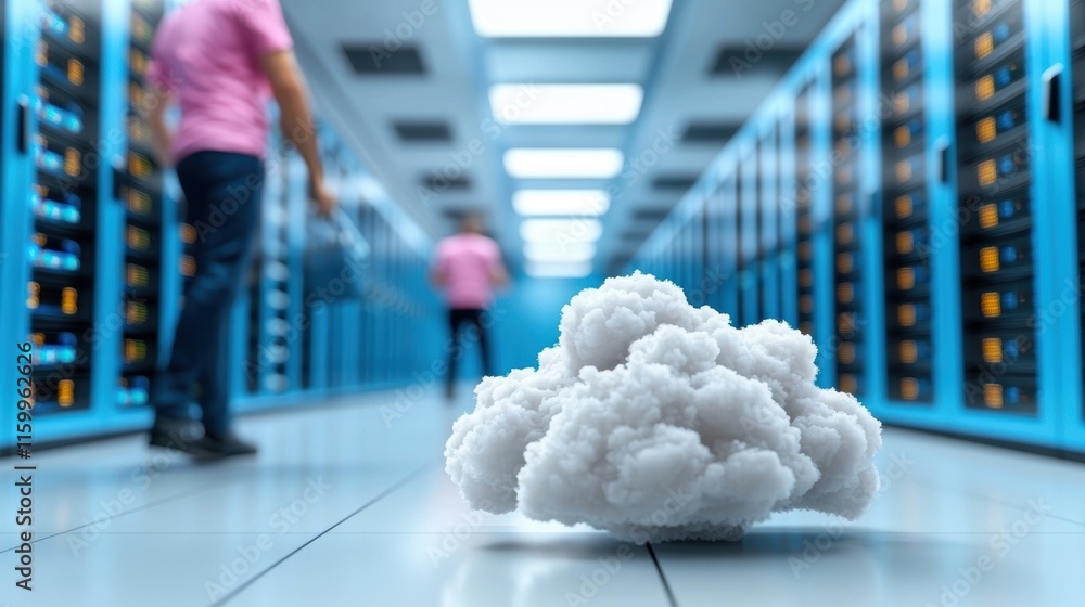 Poster a cloud-like formation hovers above a modern data center with rows of servers and a person walking i