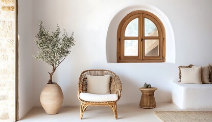 Scandinavian-inspired interior showing a clean white wall, rustic wicker armchairs, a simple vase with an olive tree, an arched window for architectural interest, and a small table 