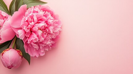 Obraz premium A vibrant pink peony with lush, ruffled petals, on a soft pink background