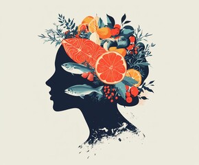 Woman's profile adorned with healthy food like fish, citrus fruits, and berries.