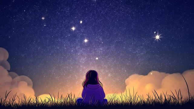 A little girl sits on the grass, looking up at the sky full of stars and clouds. The vibrant purple and pink sunset shines in her eyes, creating an atmosphere of tranquility