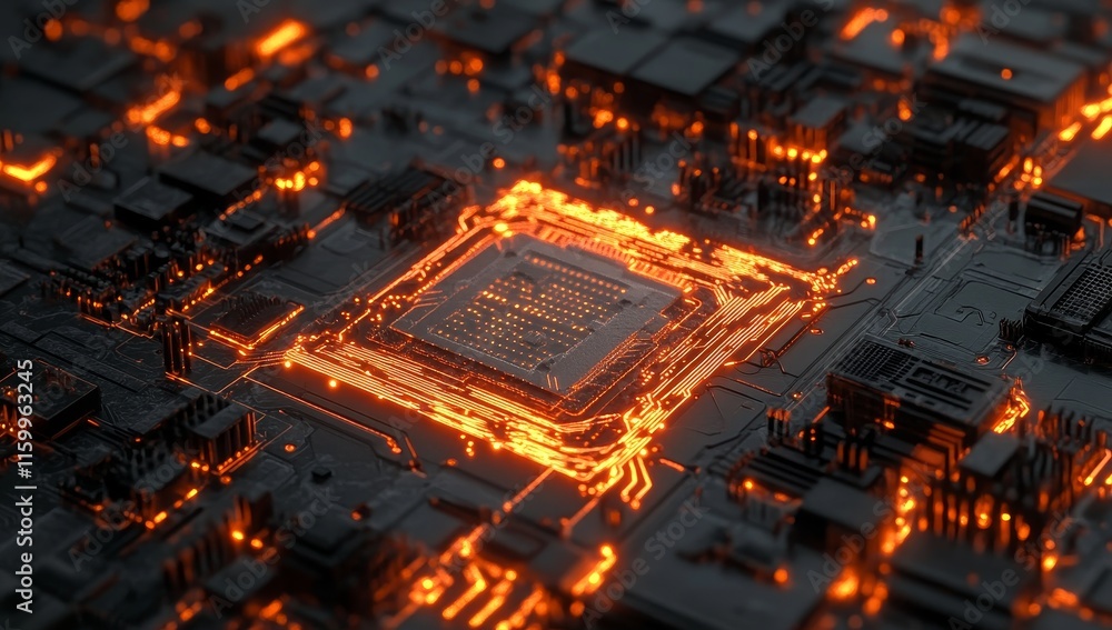 Poster glowing orange cpu in a complex circuit board.