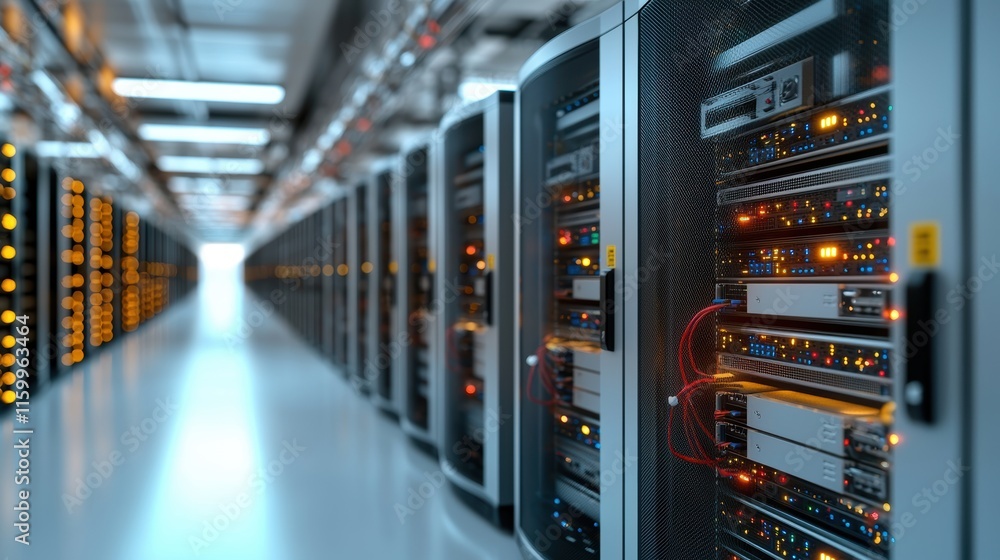 Poster a row of server racks filled with illuminated hardware in a modern data center, showcasing advanced 