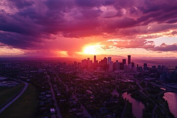 Fototapeta premium Calgary Skyline Aerial View at Sunset, July 10, 2024: Stunning Summer Scene in Alberta, Canada.