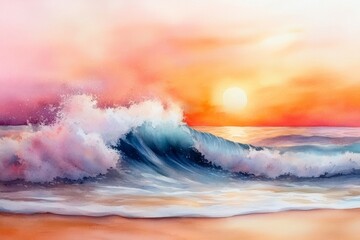 Fototapeta premium A soft watercolor painting of IJmuiden beach at sunset, with vibrant orange and pink hues blending with the sea and sky