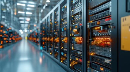 A vibrant data center filled with server racks, illuminated by orange lights, showcasing a modern technological environment.