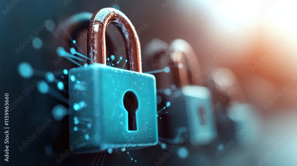 Poster a close-up of metallic locks with a glowing effect, emphasizing security and protection against unau