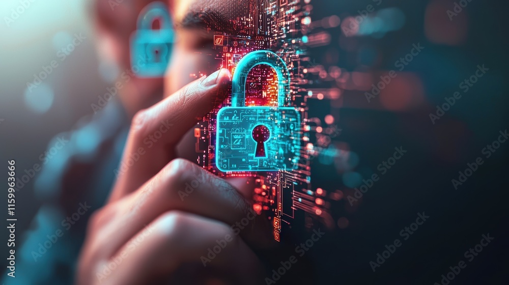 Poster a digital representation of cybersecurity, featuring a person interacting with a virtual padlock ami