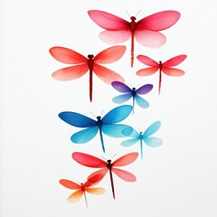 Fototapeta premium Dragonflies in flight, summer scene, white backdrop