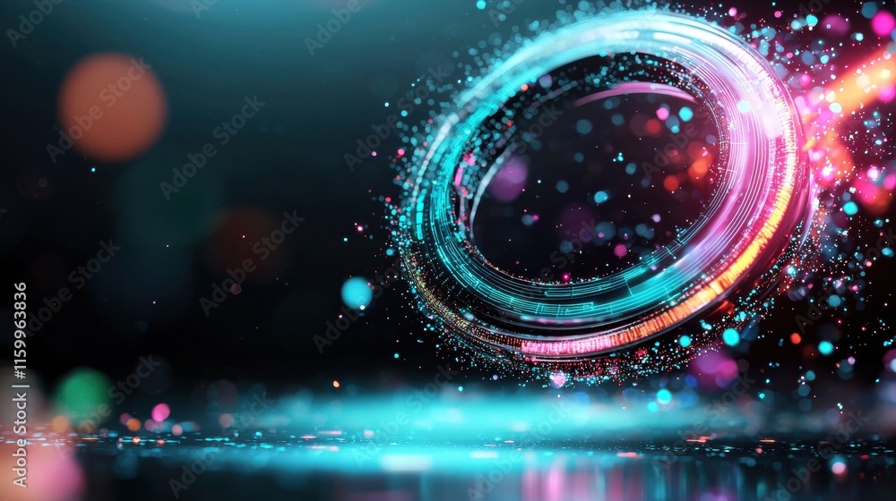 Poster a vibrant, abstract digital artwork featuring a glowing ring with colorful particles, creating a dyn