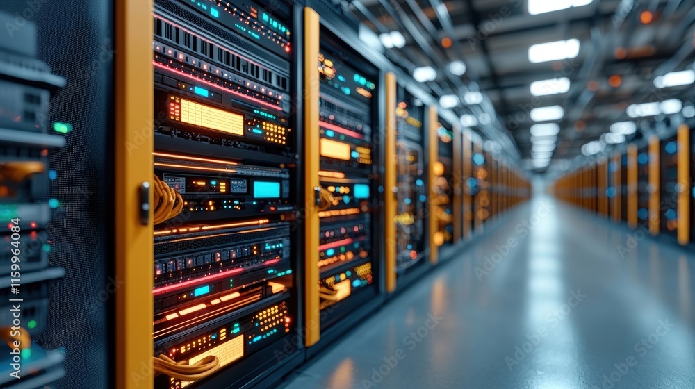 Poster a high-tech server room filled with racks of servers, illuminated by colorful lights, showcasing adv