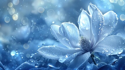 Fototapeta premium Dew-kissed magnolia blossom in a serene blue backdrop.