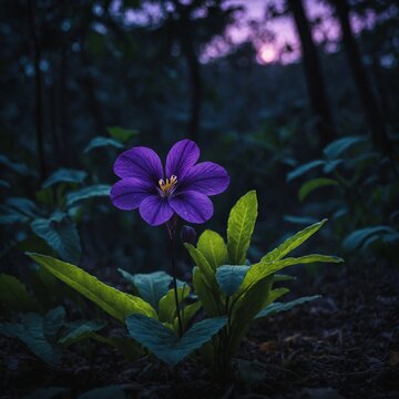 floweA single violet jungle flower glowing in the twilight.rs in the garden