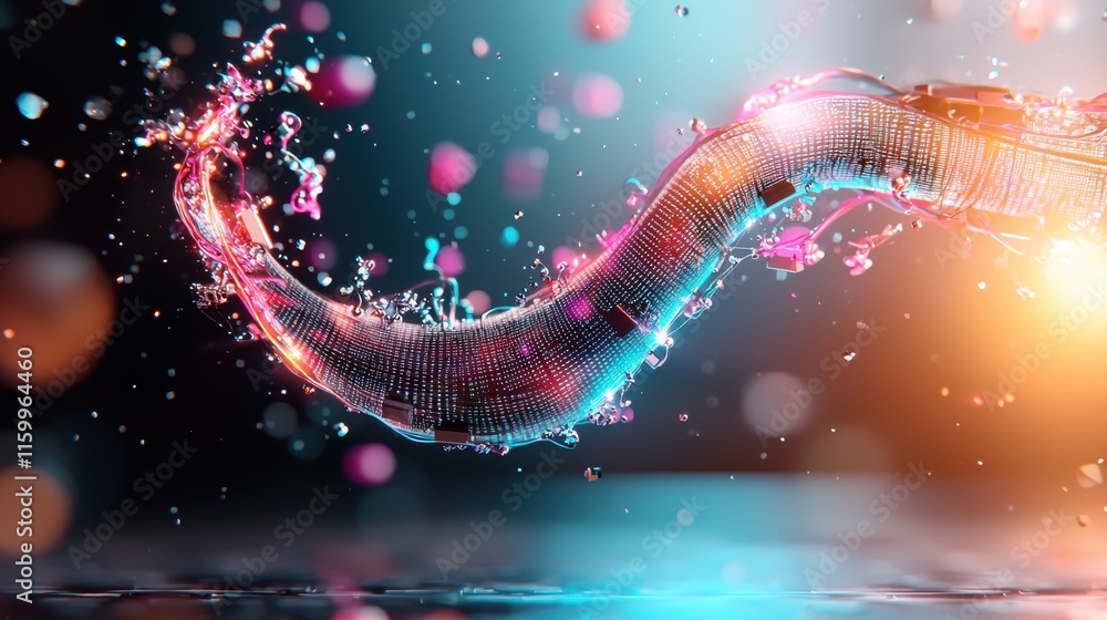 Poster a vibrant, flowing wave of colorful particles and light creates a dynamic, abstract visual effect ag