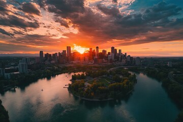Naklejka premium Calgary Skyline Aerial View at Sunset, July 10, 2024: Stunning Summer Scene in Alberta, Canada.