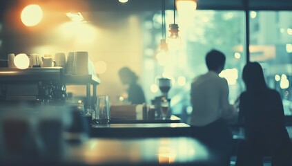 Blurred cafe interior with customers.