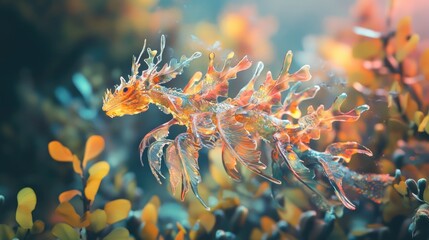 Leafy seadragon swims in vibrant coral reef.