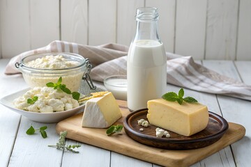 A captivating still life showcasing fresh dairy products and milk: creamy cheeses, a glass of milk, butter, and yogurt elegantly arranged with rustic charm and natural lighting.