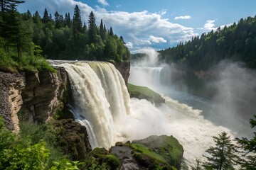 Fototapeta premium A creamy-waterfall flows gracefully, resembling silky ribbons of white, cascading smoothly over rocks, creating a mesmerizing blend of tranquility and natural beauty.
