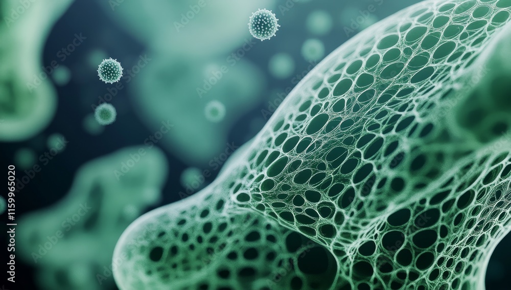 Poster microscopic view of complex cellular structures and viruses.