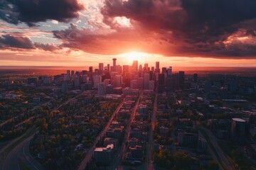 Fototapeta premium Calgary Skyline Aerial View at Sunset, July 10, 2024: Stunning Summer Scene in Alberta, Canada.